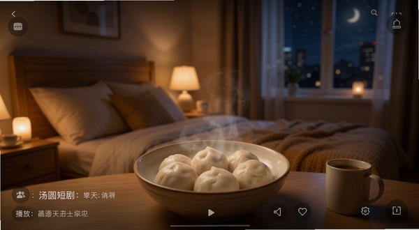汤圆短剧 播放 界面 全屏 高清 画质 展示 背景 温馨 卧室 夜晚 氛围 高清 细节