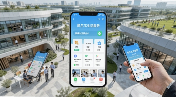 画面主体为一部智能手机,屏幕显示歌尔生活服务APP的首页界面,背景为现代化科技园区俯瞰图,有员工在园区内使用手机,整体色调明亮清新,突出便捷生活服务主题。