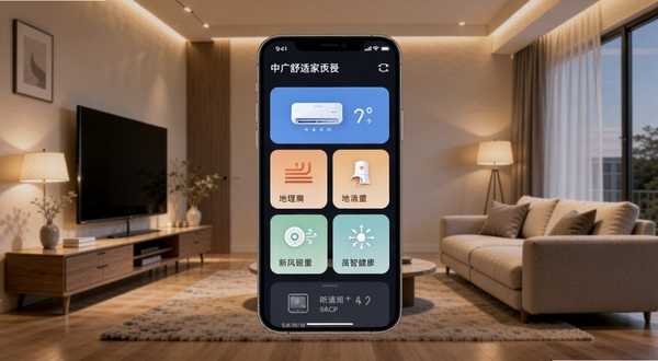 中广舒适家APP首页展示智能家居设备控制面板,画面中央为手机屏幕显示空调、地暖、新风等设备卡片,背景为现代简约客厅场景,暖色调灯光,高清细节,适配Boogu模型生成