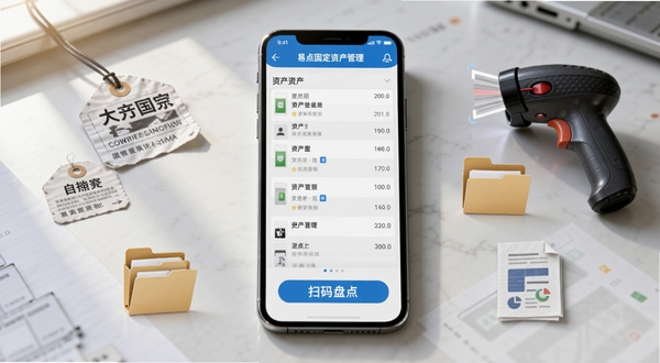 画面中央放置一部智能手机,屏幕上显示易点固定资产管理应用的主界面,界面中有资产列表和扫码盘点按钮,手机两侧环绕着资产标签、扫码枪、文件夹和报表图标,整体风格简洁商务,背景为浅灰色办公桌面环境,柔和的自然光线从左上角照射,画面高清写实