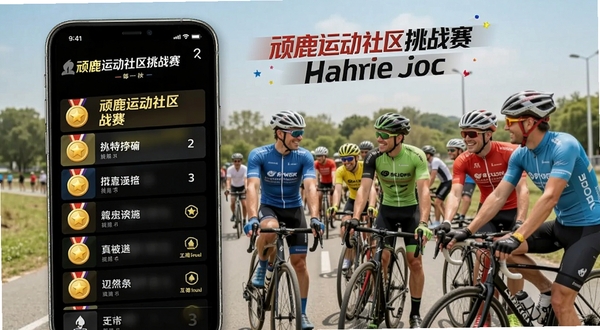 顽鹿运动社区挑战赛页面,手机屏幕显示排行榜与奖牌图标,背景为骑行爱好者聚会场景,活力氛围