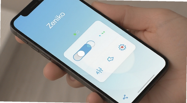 Zeniko 软件主界面展示,手机屏幕中央显示 Zeniko 的简洁功能面板,包含场景切换开关与状态指示图标,背景为柔和的浅蓝色渐变,画面对角线构图,突出移动端应用界面,高清渲染,扁平化设计风格
