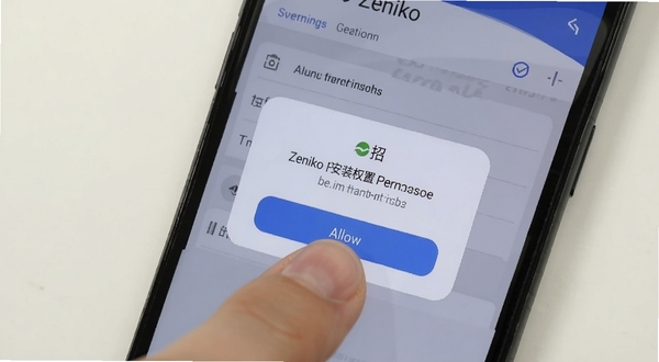Zeniko 安装权限设置引导界面,手机屏幕显示权限授予弹窗,背景为系统设置页面,手指正在点击允许按钮,画面清晰展示操作步骤,适合作为教程配图