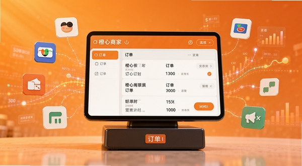 橙心商家聚合收银功能展示,画面中央为收银台界面与订单列表,周围环绕支付图标与数据线条,背景采用暖色调渐变,突出高效与便捷感,适合Boogu模型生成