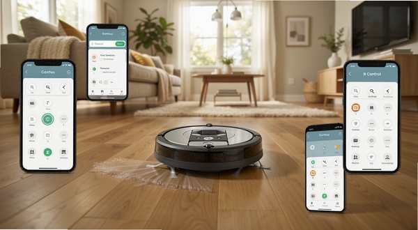Roomba Control 软件界面全貌展示,中央为圆形扫地机器人正在客厅木地板上清扫,周围环绕手机屏幕显示控制界面,背景是温馨现代家居环境,光线明亮柔和,构图居中稳定