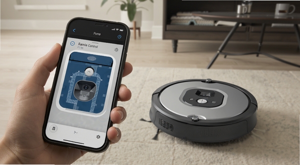 Roomba Control 远程控制场景,一只手拿着手机显示扫地机器人实时地图轨迹,背景是正在工作的Roomba扫地机,画面呈现科技感与智能家居氛围