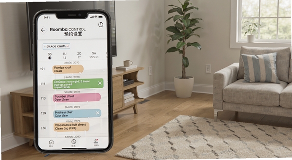 Roomba Control 预约设置界面,手机显示一周日程表,每个时间段有不同颜色的清洁任务标签,背景是整洁的家居一角