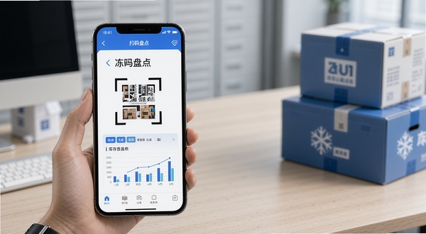 冻品云配送端库存盘点功能展示图,画面主体为手机屏幕显示扫码盘点界面与库存数据图表,背景区域为简洁的办公桌面与冷链包装箱,风格干净商务