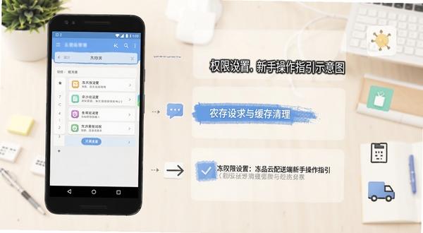 冻品云配送端新手操作指引示意图,画面主体为安卓手机展示权限设置与缓存清理步骤,背景区域为浅色办公桌面与简约图标元素,风格清晰教程感