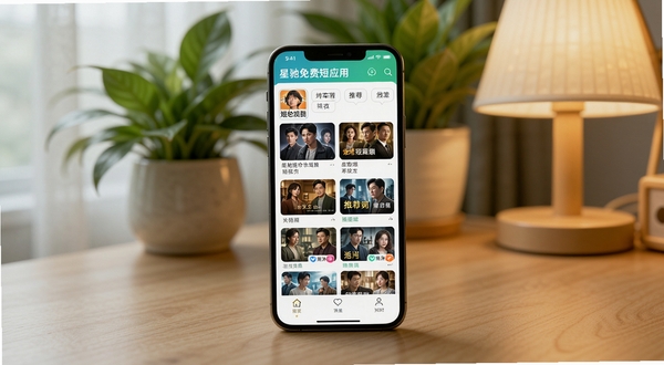 星驰免费短剧应用首页展示多个短剧分类标签和推荐封面,手机置于木质桌面,背景有绿植和暖光台灯,画面清新自然