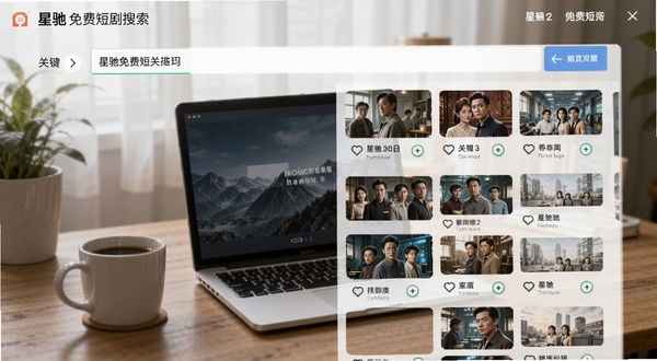 星驰免费短剧搜索界面,输入关键词后展示相关短剧结果,背景为书桌场景,有笔记本电脑和咖啡杯