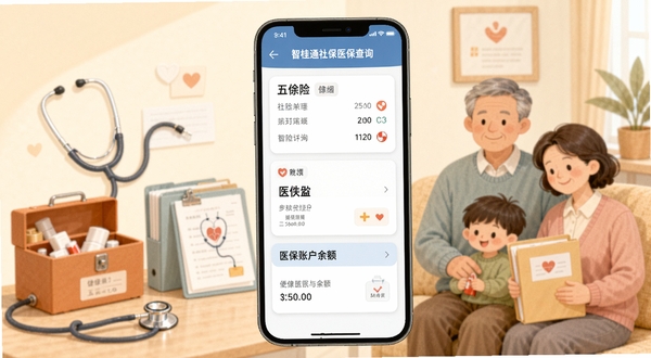 智桂通社保医保查询界面展示,手机屏幕内显示五险缴纳明细与医保账户余额,界面以卡片式布局呈现,背景为温馨的家庭健康场景插画,包含听诊器、药箱、健康档案等元素,色调柔和,突出便民惠民的服务温度