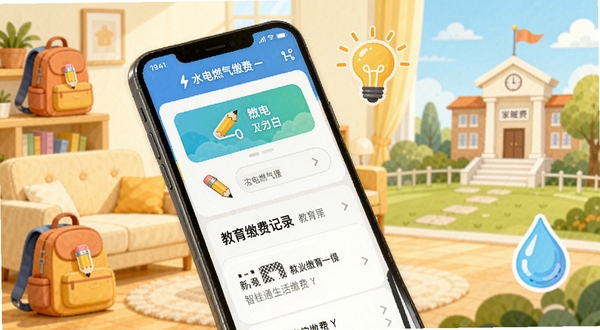 智桂通生活缴费与教育服务功能界面,手机屏幕中显示水电燃气缴费入口与教育缴费记录,背景为明亮温馨的家居场景与校园元素结合的插画,包含书包、铅笔、灯泡、水滴等图标,色彩明快,体现便捷生活与教育关怀