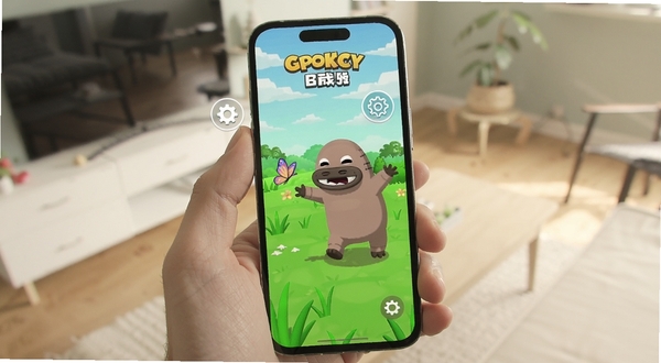 一部智能手机屏幕显示卡皮巴拉不想卷的游戏界面,画面中卡皮巴拉正在草地上追蝴蝶,屏幕边缘有半透明的设置齿轮图标,一只手正拿着手机,背景是模糊的居家环境,光线明亮,突出移动端操作的真实感