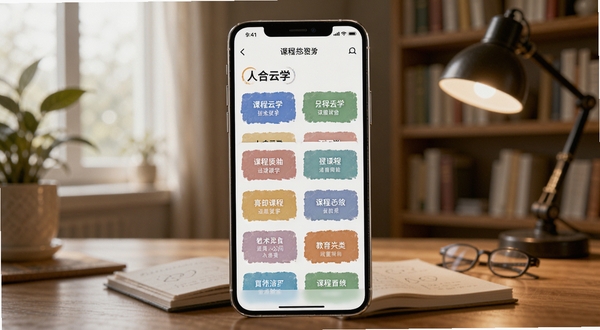 人合云学 课程分类页面,画面主体为手机屏幕展示多个课程分类标签,背景为书房环境,光线柔和,突出教育学习氛围