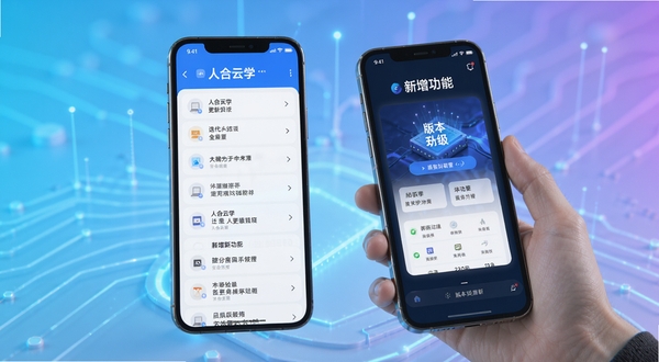 人合云学 版本更新功能展示图,手机屏幕显示更新日志列表与新增功能界面,背景为科技感浅色渐变,突出迭代升级主题