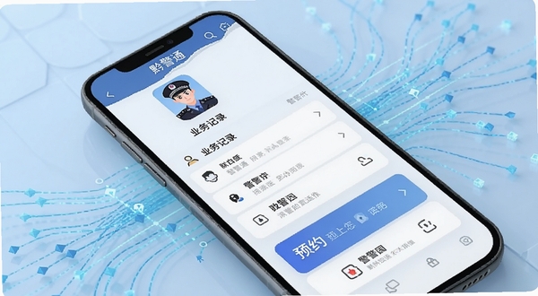 黔警通个人警务档案界面概念图,手机屏幕显示用户头像、业务记录列表和预约卡片,背景为淡蓝色数据流线条,风格简洁、现代、注重隐私保护