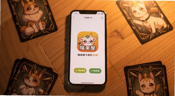 喵屋卡牌应用主界面全貌展示,手机屏幕居中放置,背景为木质桌面,周围散落几张精美卡牌,柔和暖光,简约风格