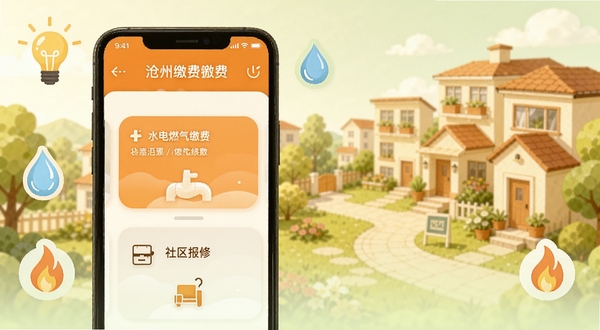 数字沧州生活缴费与社区服务界面,手机屏幕展示水电燃气缴费卡片与社区报修入口,背景为温馨的住宅小区插画,画面点缀灯泡、水滴、火焰等图标,色调以暖橙色与浅绿色为主,营造便捷亲和的居家生活氛围