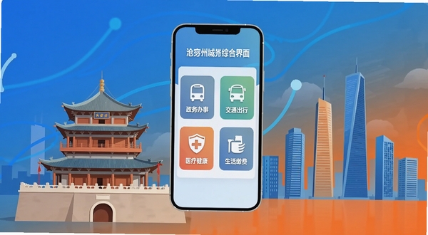 数字沧州城市服务综合界面展示,画面中央悬浮一部智能手机,屏幕内呈现政务办事、交通出行、医疗健康、生活缴费四大功能图标矩阵,背景为沧州标志性建筑清风楼与现代化城市天际线交融的扁平化插画风格,主色调为科技蓝与活力橙渐变,整体构图简洁明快,适配Boogu模型生成