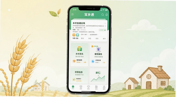 宝乡通应用主界面展示图,画面中央是手机屏幕,屏幕内呈现宝乡通应用首页,包含乡村资讯、便民服务、供需信息等模块入口,背景为简洁的浅色渐变,周围点缀麦穗与房屋简笔元素,整体风格清新自然,适配Boogu模型生成。