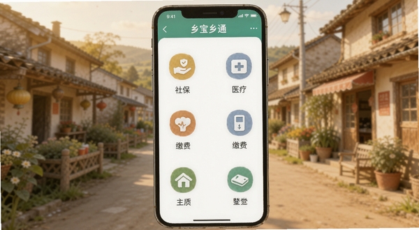 宝乡通便民服务功能界面截图风格图,画面展示手机屏幕内宝乡通应用的便民服务页面,图标排列整齐,包含社保、医疗、缴费等入口,背景为温馨的乡村街道虚化场景,色调柔和,突出实用与便捷感,适配Boogu模型生成。