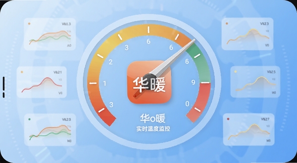 华暖实时温度监控界面,手机屏幕显示圆形温度仪表盘,指针指向舒适区间,背景为淡蓝色渐变,画面中央有华暖应用图标,周围环绕温度曲线小图,整体科技感与温馨感结合,适配Boogu模型生成