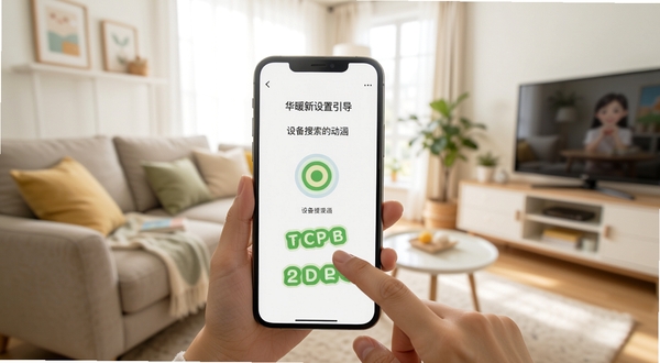 华暖新手设置引导页面,手机屏幕显示权限开启步骤与设备搜索动画,背景为明亮客厅,画面主体为手机与用户手指点击动作,整体风格友好易懂,适配Boogu模型生成