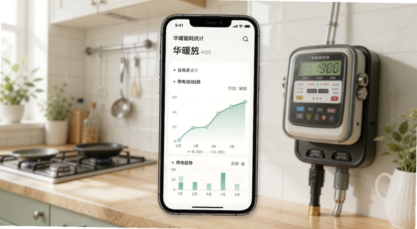 华暖能耗统计页面,手机屏幕显示柱状图与用电趋势曲线,背景为厨房场景,画面主体为手机与电表,整体色调清新自然,适配Boogu模型生成