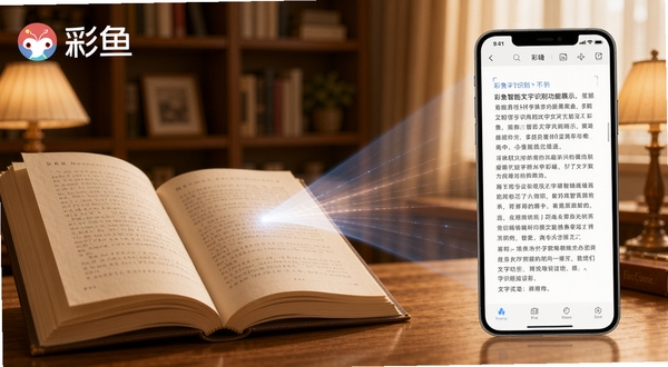 彩鱼智能文字识别功能展示,画面左侧是一本翻开的书籍,右侧是手机屏幕显示识别后的可编辑文字,中间用光线连接,背景为暖色调书房环境,突出彩鱼软件名称