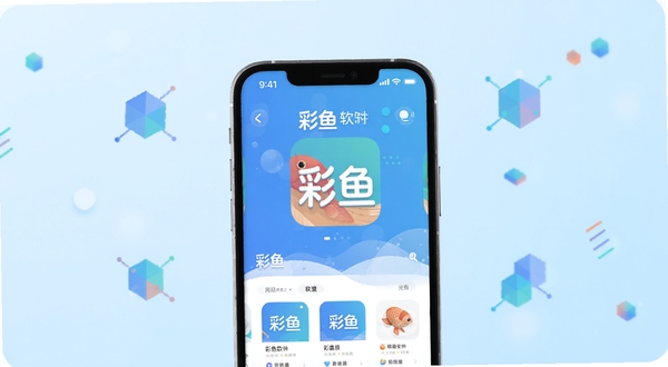 彩鱼软件主界面展示,画面中央是手机屏幕特写,屏幕内显示彩鱼应用首页,背景为淡蓝色渐变,周围点缀少量几何图形,整体风格简洁科技感,突出彩鱼品牌标识