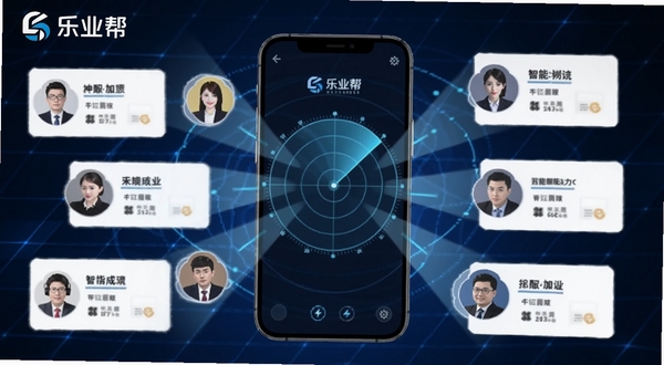 乐业帮智能匹配功能示意图,画面展示一部手机屏幕,屏幕中有一个雷达扫描动画,周围散落着各种职业头像与岗位卡片,光线从中心向外辐射,背景为深蓝色科技感网格,画面带有乐业帮Logo标识