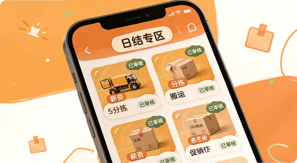 乐业帮日结专区界面展示,画面中手机屏幕显示“日结专区”标签,下方罗列着搬运、分拣、促销等岗位卡片,每张卡片带有薪资标签与“已审核”徽章,背景为暖橙色与白色拼接,风格活泼亲民