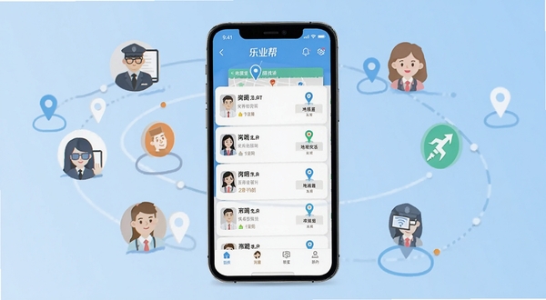 乐业帮应用主界面展示图,画面中心为手机屏幕,屏幕内显示乐业帮APP的岗位推荐列表与地图找活功能,背景为干净的浅蓝色渐变,周围环绕着职业图标与定位符号,整体风格现代、扁平化,突出求职招聘主题