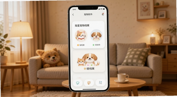 宠星软件主界面展示,手机屏幕中央显示宠物档案卡片和可爱的猫狗图标,背景是温馨的居家客厅环境,暖色调灯光,画面简洁清新,突出宠物记录工具的核心功能