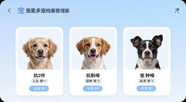 宠星多宠档案管理界面,手机屏幕中显示三只不同宠物的头像卡片并排排列,每张卡片上有宠物名字和品种标签,背景是淡蓝色渐变,风格简约清爽