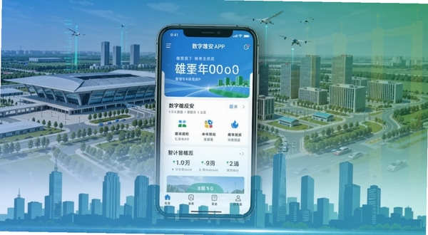 数字雄安应用主界面与雄安新区城市剪影融合展示,画面中央为手机屏幕显示数字雄安APP首页,背景为雄安站与容东片区现代化建筑群,整体色调以科技蓝与生态绿为主,展现智慧城市氛围