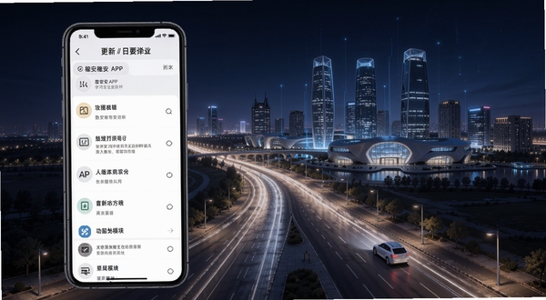 数字雄安APP版本更新界面与功能模块展示,手机屏幕中显示更新日志列表,背景为雄安新区夜景灯光带,科技感与未来感并存