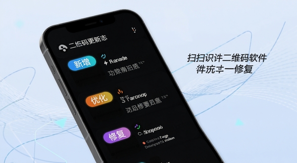 扫扫识二维码软件版本更新界面示意图,画面展示手机屏幕内更新日志列表,包含新增、优化、修复三个彩色标签分类,背景为淡蓝色渐变与抽象几何线条,整体风格现代简洁,突出软件持续迭代与功能完善的积极形象。