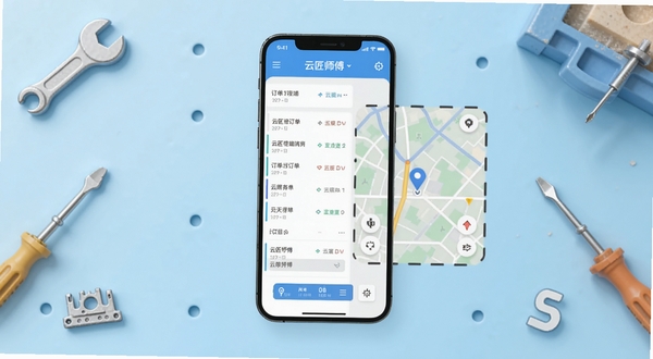 云匠师傅端应用主界面展示,画面中央是手机屏幕正视图,屏幕内呈现订单列表与地图导航双栏布局,背景为浅蓝色渐变的工作台场景,周围点缀扳手、螺丝刀等工具图标,整体风格简洁明亮,突出效率与专业感