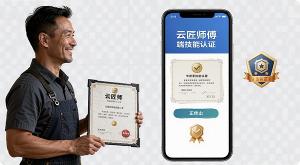 云匠师傅端技能认证页面,手机屏幕展示证书上传入口和已认证徽章,画面左侧是一位师傅手持证书微笑的侧影,背景为淡灰色网格纹理,整体传递出专业可信赖的视觉感受