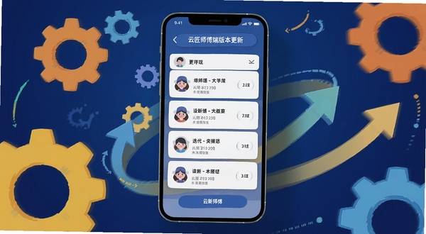 云匠师傅端版本更新界面截图,手机屏幕显示更新日志列表,画面采用扁平化插画风格,背景是深蓝色渐变,周围有齿轮和箭头图标环绕,突出迭代与进步的主题