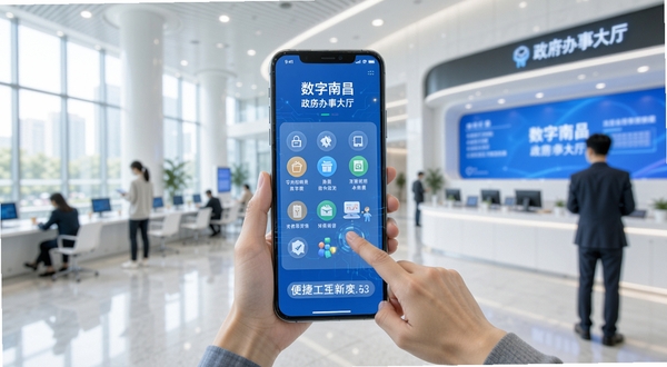 数字南昌 政务办事大厅 手机界面 市民使用场景 便捷操作 图标整齐排列 现代简约风格 明亮色调 科技感