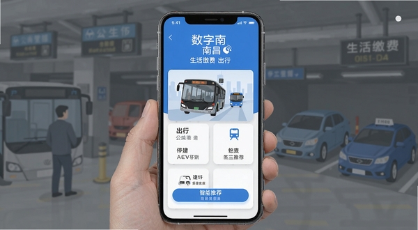 数字南昌 生活缴费 出行 界面 手机支付 公交车 地铁 停车场 智能推荐 清新扁平化设计 蓝色主题 便捷生活