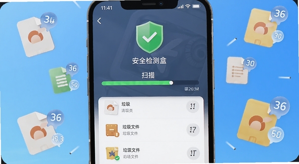 小风车工具盒智能清理功能界面特写,画面中央展示手机屏幕内扫描进度条与垃圾文件分类列表,屏幕上方有绿色盾牌图标表示安全检测通过,背景区域为淡蓝色渐变,周围环绕若干漂浮的文件图标和数字气泡,突出清理释放的视觉感受,适配Boogu模型生成