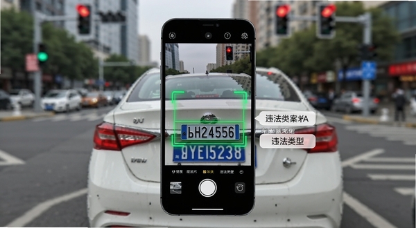 随手拍违章举报车牌识别功能演示图,画面展示手机摄像头对准一辆白色轿车尾部,屏幕内出现绿色识别框与车牌号码高亮显示,旁边浮现违法类型选择标签,背景为城市街道与红绿灯,画面主体为手机与车辆局部,背景区域为虚化街景,细节清晰,科技感与实用性并重