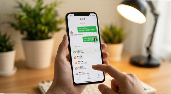 随手拍违章举报用户问答场景图,画面展示手机屏幕内呈现问答对话框与举报记录列表,背景为温馨室内桌面环境,画面主体为手机与手部操作,背景区域为虚化绿植与台灯,风格亲切自然
