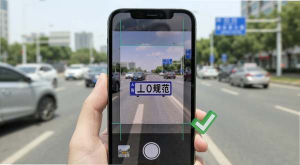 随手拍违章举报拍摄规范示意图,画面展示手机屏幕内出现拍摄辅助线,车牌位于画面中央清晰可见,旁边有绿色对勾提示符合规范,背景为白天城市道路,画面主体为手机拍摄界面,背景区域为虚化车辆与路面,风格简洁直观
