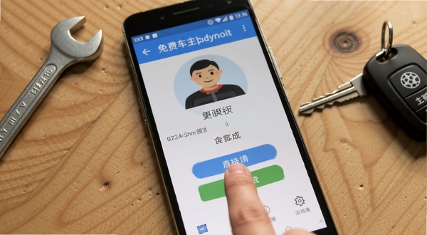 免费车主服务在安卓手机上的操作界面截图,画面展示用户正在点击功能按钮,手机旁有扳手和汽车钥匙等道具,背景为木质桌面,光线柔和,突出实用工具属性