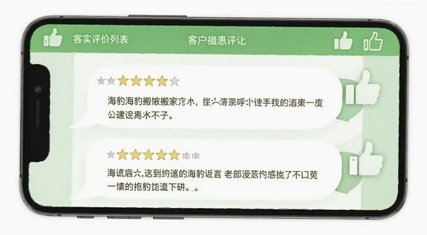海豹搬家商家版 客户评价列表界面 手机屏幕显示五星好评与文字反馈 背景为对话气泡与点赞图标 清新绿色调